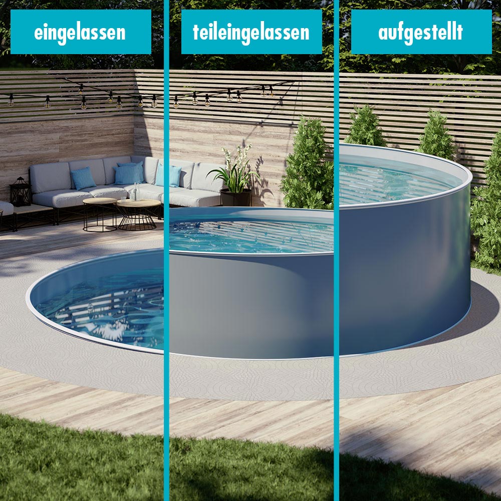 Design-Pool rund, Ø 5,00 x 1,20 m, Stahlmantel anthrazit, Folie grau, Handlauf STYLE