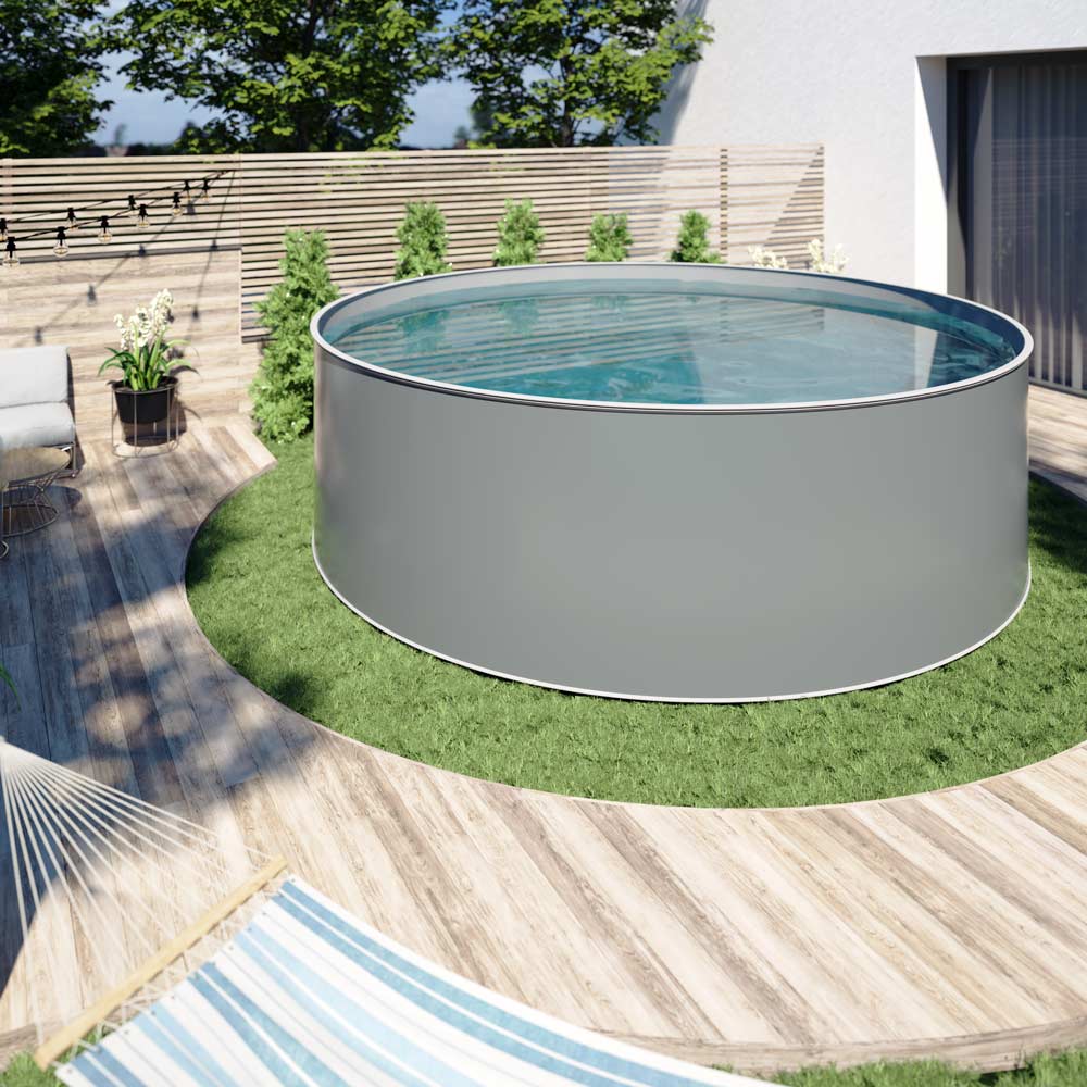 Design-Pool rund, Ø 3,50 x 1,20 m, Stahlmantel anthrazit, Folie grau, Handlauf STYLE