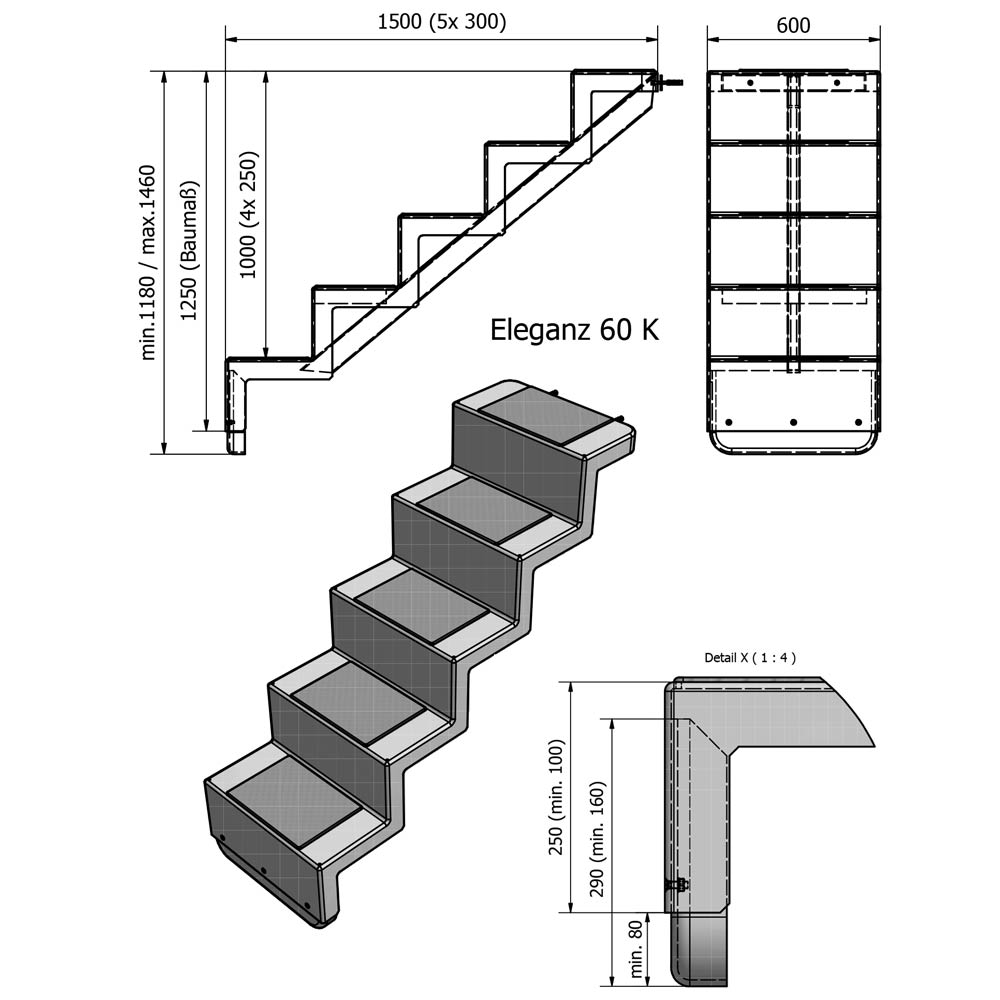 REKU Polyester Treppe Eleganz (Wandbefestigung) silbergrau 60 cm