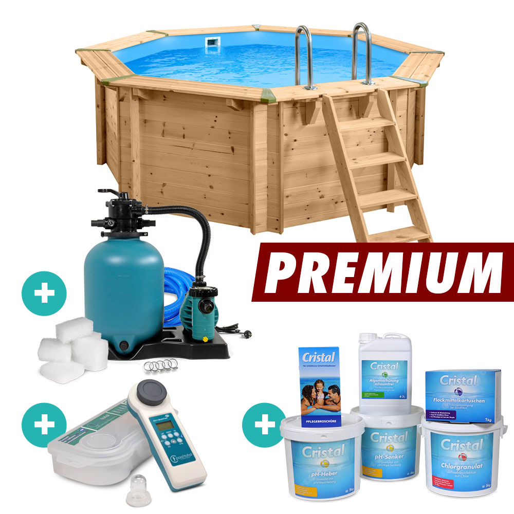 Premium Holzpool Set Wasserpflege Sandfilter Pooltester