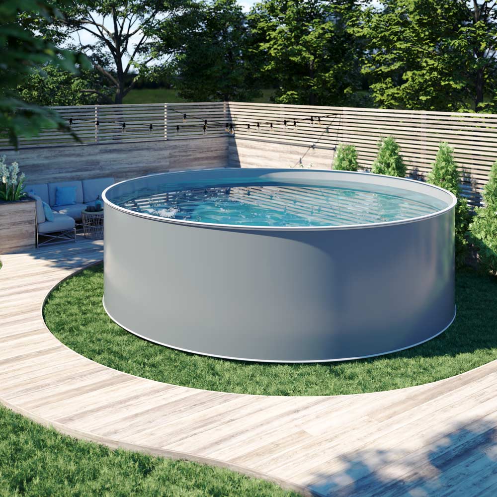 Design-Pool rund, Ø 5,00 x 1,20 m, Stahlmantel anthrazit, Folie grau, Handlauf STYLE