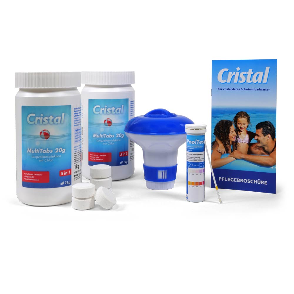 CRISTAL SET 2x MultiTabs Chlor 5 in 1 (20g), Chlordosierer + Teststreifen