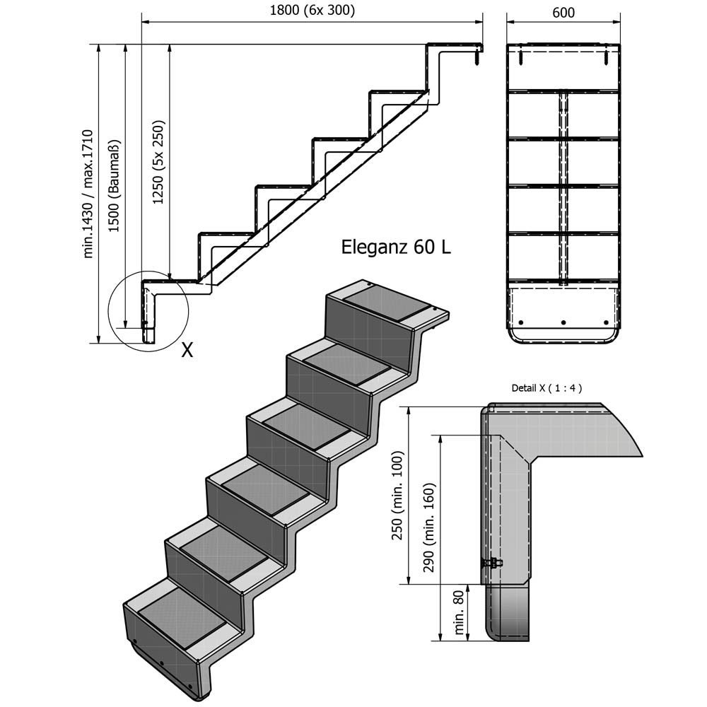 REKU Polyester Treppe Eleganz (Randbefestigung) granit 60 cm