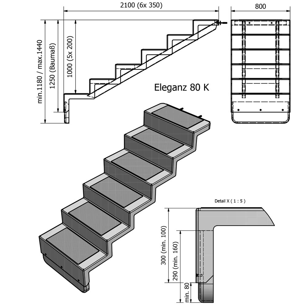REKU Polyester Treppe Eleganz (Wandbefestigung) silbergrau 80 cm